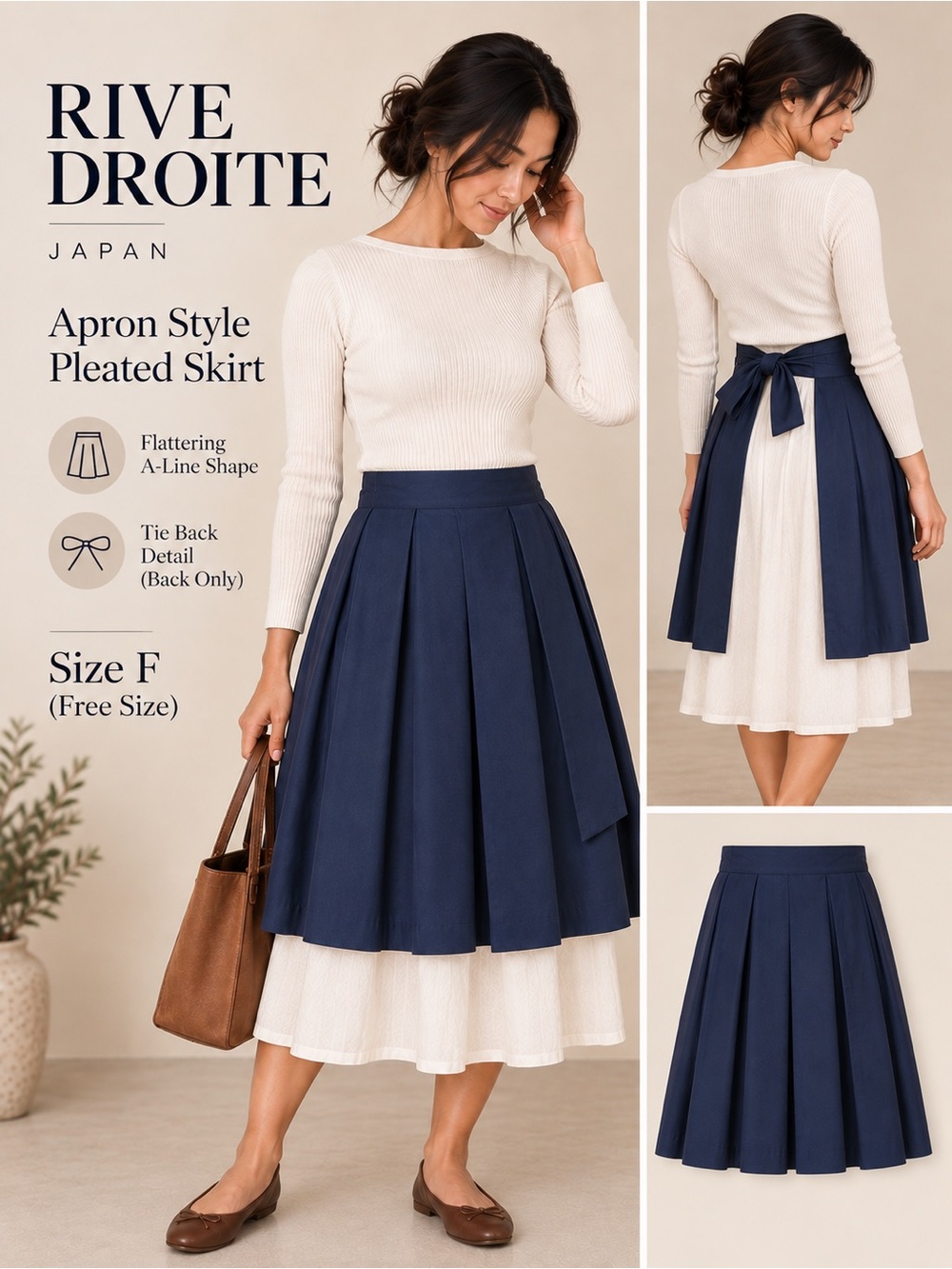 Rive Droite Japan Navy Pleated Apron Wrap Skirt Tie Back Size Free Size